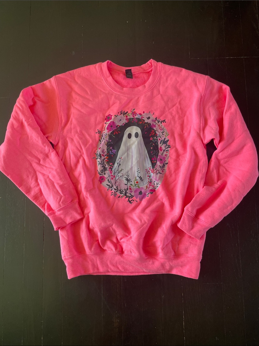 Gildan Hot Pink Floral Ghost Crewneck Sweatshirt Brand New